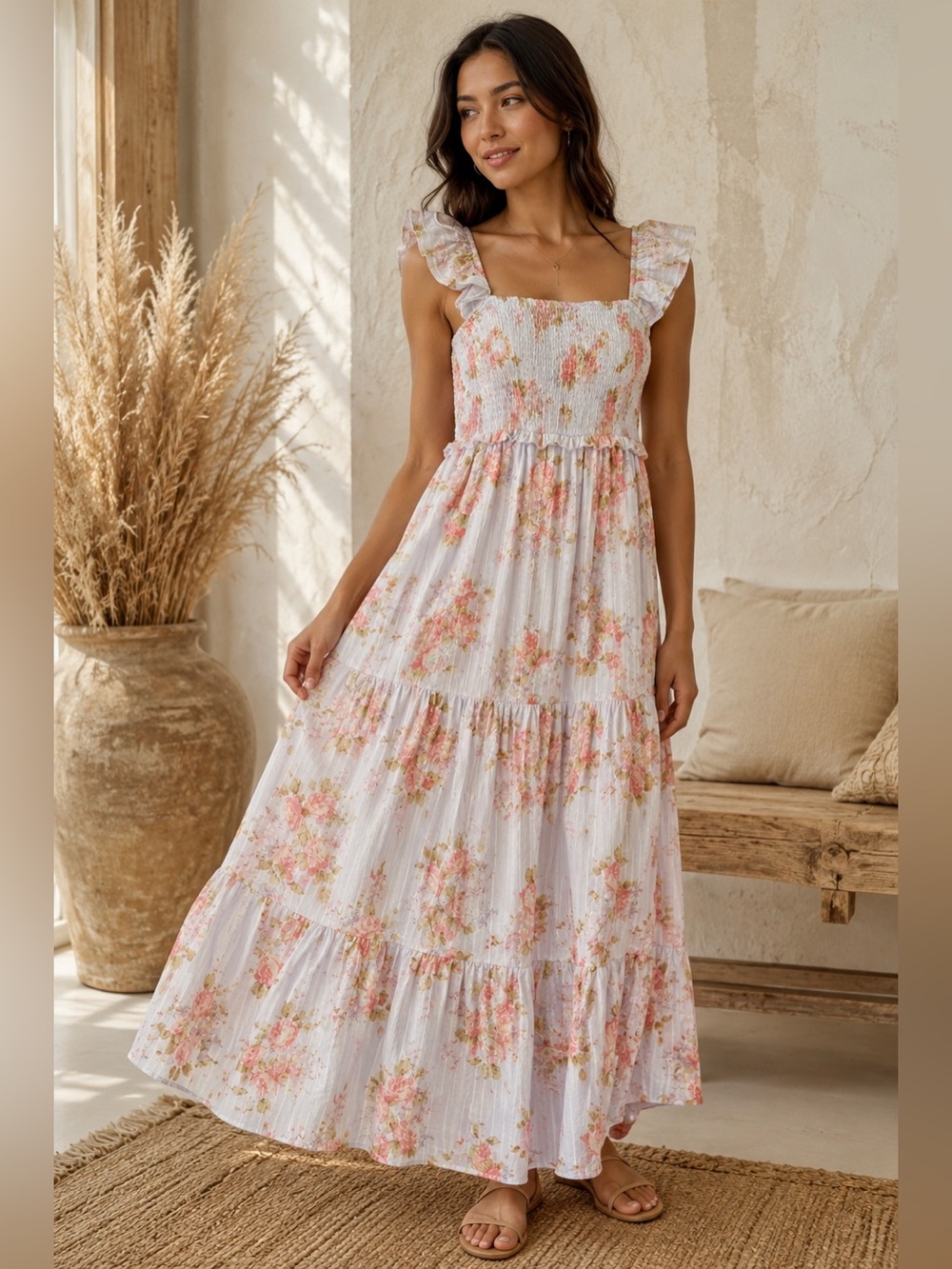 Rewind Floral Smocked Tiered Maxi Dress Cottagecore Boho Prairie XL